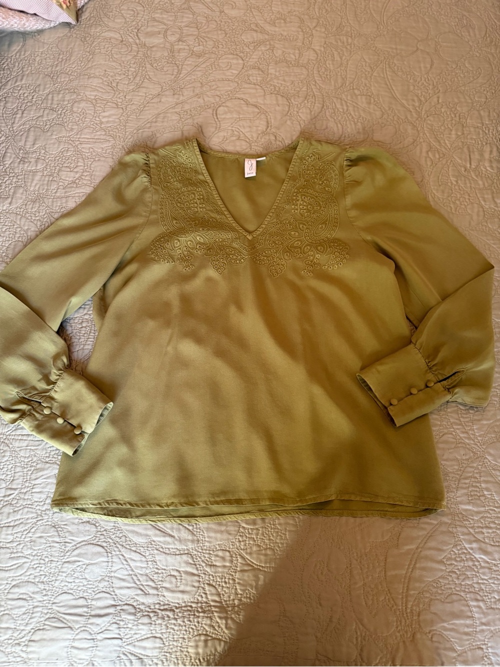 Joie Olive Green Embroidered Boho Blouse Romantic Prairie Western Cottagecore, M - Picture 6 of 11